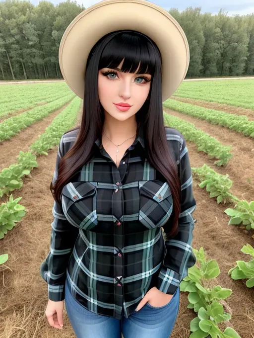Gorgeous attractive Albanian woman, cute young face, large wide doe eyes, light colored eyes, big plump lips, huge gigantic boobs, (gigantic tits), raven-black hair, bangs, sexy, thin, slim waist, farm outfit, tight flannel shirt, photorealistic, best quality, ultra high resolution