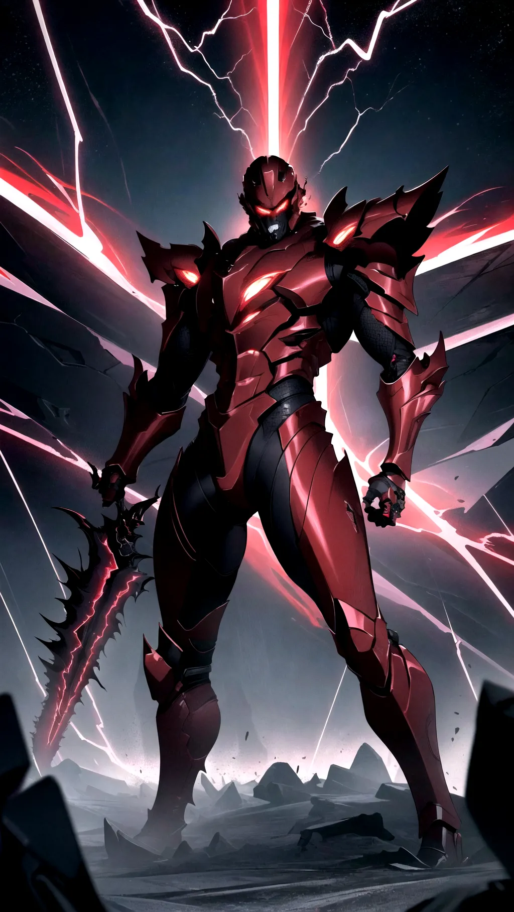 Masterpiece, 8K resolution, high quality, extreme detail, male, male focus, epic, bloody,
A powerful guardian wielding a lighting spear, full body armor, menacing demeanor, villain, futuristic, space, red lightning, nighttime background, lightning, lightning powers, helmet,