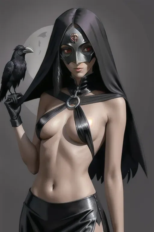 Women, flat chest, Plague Doctor with the distinctive raven-headed mask for image generation,fingering first time,
Slender stature, medium height, fair skin tone, long jet-black hair, raven-headed mask, full naked