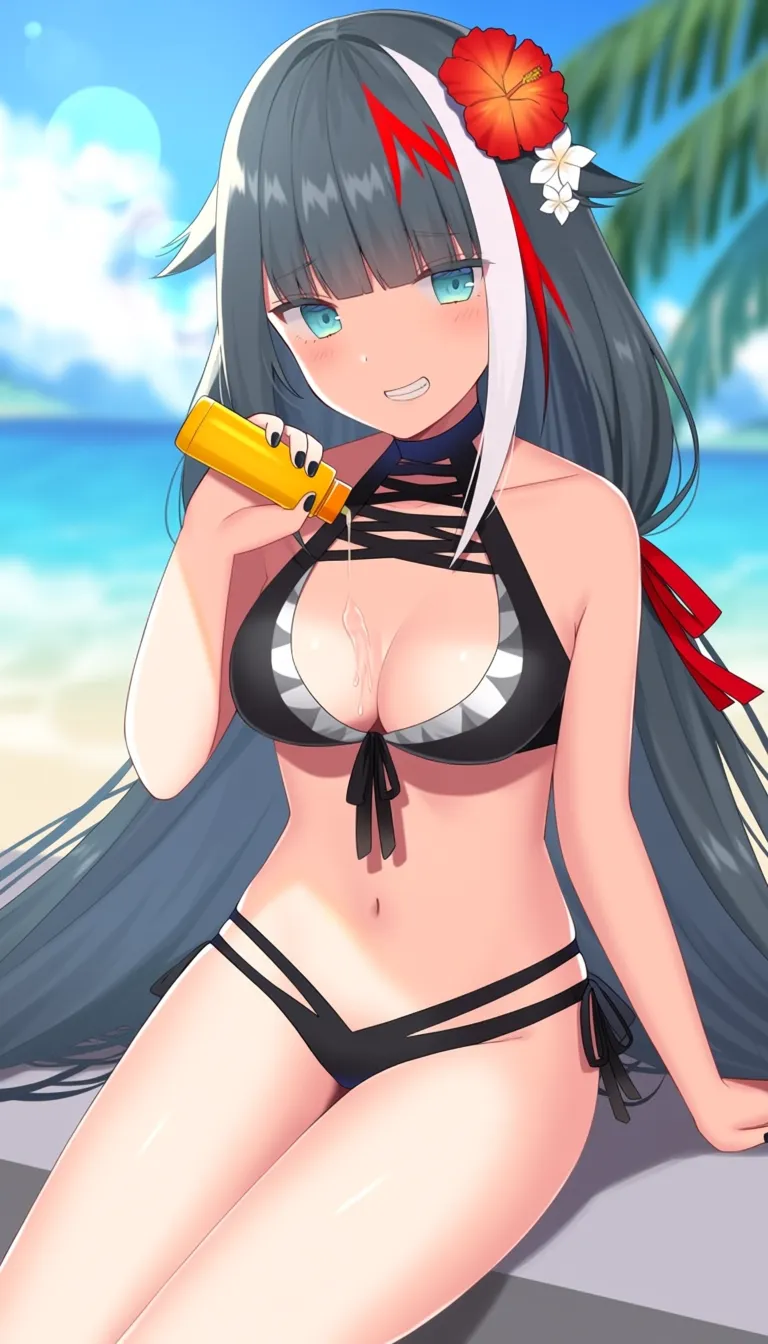 A digital artwork by @izumo neru. The image is a piece of digital fanart depicting Deutschland from Azur Lane in an alternate swimsuit costume. The art style is anime, with a focus on smooth lines and soft shading. The perspective is a slightly low, close-up angle, focused on Deutschland sitting on what appears to be a low wall by the beach. She's got long, multicolored hair (grey, white and red streaks) with blunt bangs, styled with a red hibiscus and white flower. She’s wearing a revealing black bikini that exposes significant cleavage, her navel, and much of her legs. She's applying lotion from a yellow bottle to her chest and a significant amount of it drips down her cleavage and onto her stomach. Her expression is a pleased, slightly open-mouthed :D grin, and she's looking directly at the viewer. Her black nails are prominent. The background is a blurred beach scene with a bright blue sky, lens flare, and partially visible palm fronds. The overall aesthetic is high-quality, with a strong focus on the character's attractiveness. The image is sharp, with a shallow depth of field blurring the background to emphasize the character.