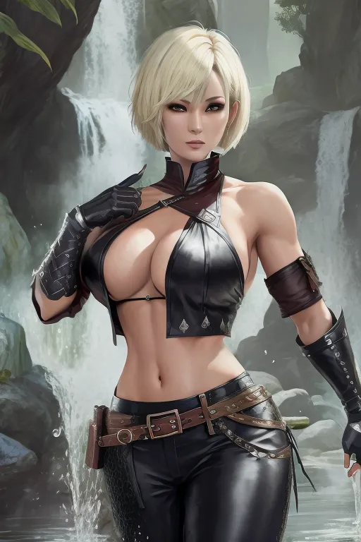 black desert online, fantasy human female martial artist, blonde short bob cut hair, black pants with straps, exposed stomach, black trousers with straps, dark red blouse, martial artist gloves, beautiful mature face, gray eyes, slightly tanned skin, vibrant color, colorful, strong colors, martial arts pose, water magic, controlling water, water dragon, martial arts stance, waterfall background