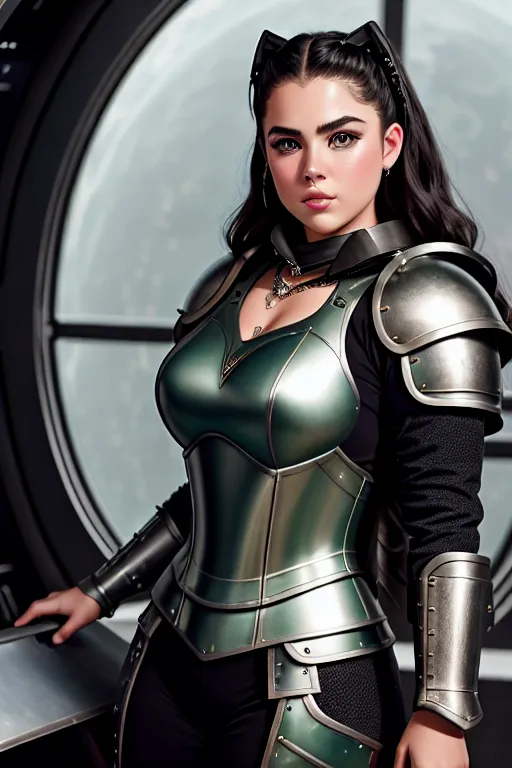 a digital art of,bella poarch,wearing medieval armor,leaning against the wall,in the space station,five fingers per hand,short thick hair,charming face,beautiful lips,green eyes,curved eyebrows,textured skin,romantic,wearing necklace,smooth,bokeh,8k,professional,ultra realistic