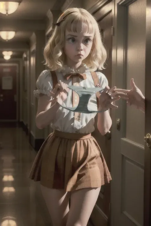 <lora:dpmg_presenting_panties:1> 2girl, presenting panties, striped panties, masterpiece, best quality, highly detailed, young The Grady Twins, in The Shining movie hotel hallway, 8k, pouting