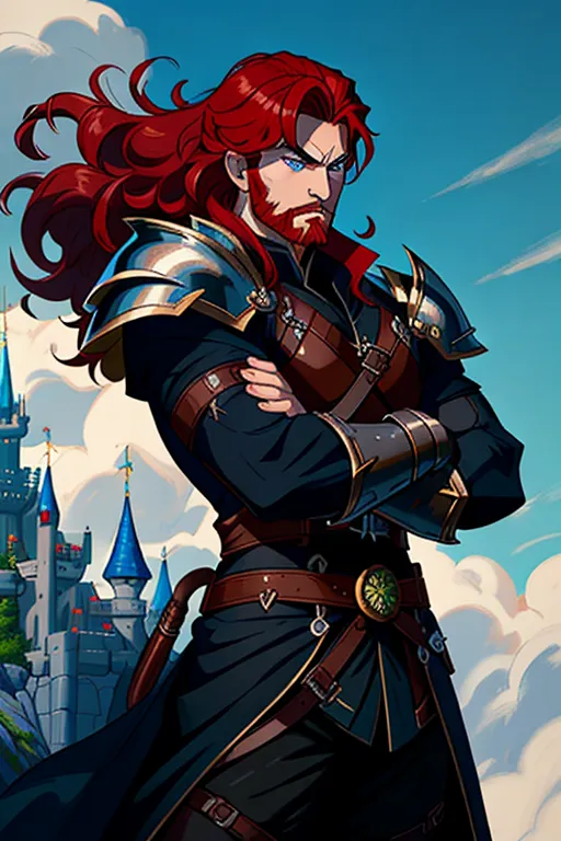 Disney animation, High fantasy, a strong, warrior human, stripping for his princess, wavy red hair, pale skin, angry eyebrows, handsome blue eyes, small nose, strong cheeks, full beard, strong chin, animal skin coat, black leather armor, huge two-handed greatsword, going into battle, battle field, war in the background, castle and dragon in the far background, high definition, 4k quality, excellent lighting, great shading, pristine detail, very clear picture, vibrant colors, accurate at lower promp guidence, ultra realistic, five fingers per hand.