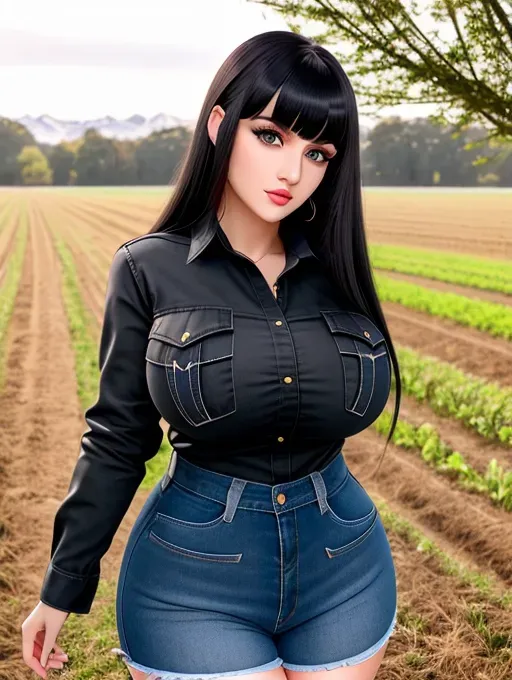 Gorgeous attractive Albanian woman, cute young face, large wide doe eyes, light colored eyes, big plump lips, huge gigantic boobs, (gigantic tits), raven-black hair, bangs, sexy, thin, slim waist, farm outfit, tight flannel shirt, photorealistic, best quality, ultra high resolution