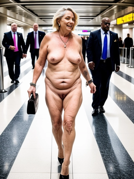 A naked mature middle aged lady, natural saggy breasts, aroused vulva, pot belly, is a bold and uninhibited VIP with her security body guards as she walks brazenly naked wearing only her high heel shoes, through a concourse in a public airport