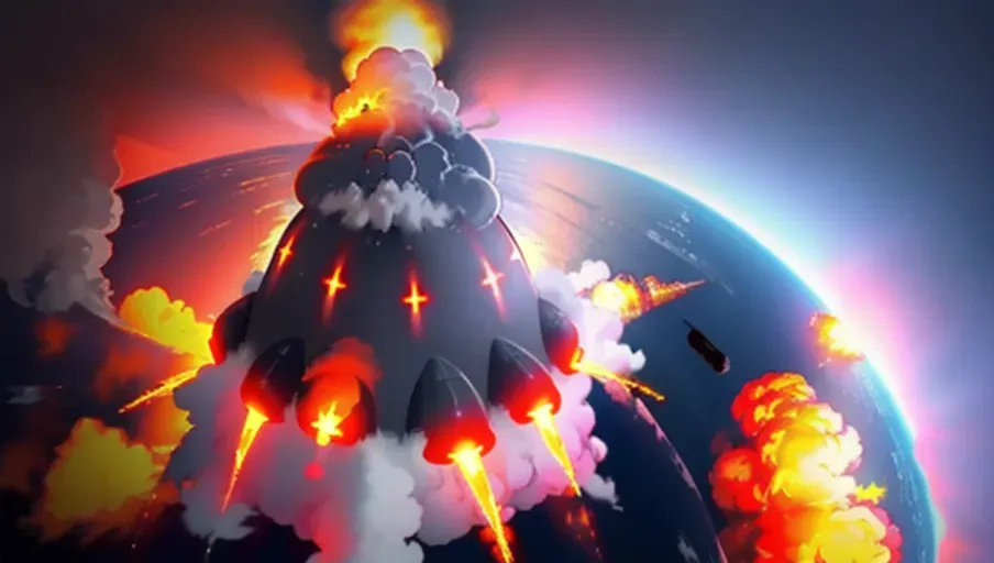 Top view of ufo crash landing explosion into the sea, ufo crash in middle distance away, ufo as viewed from above