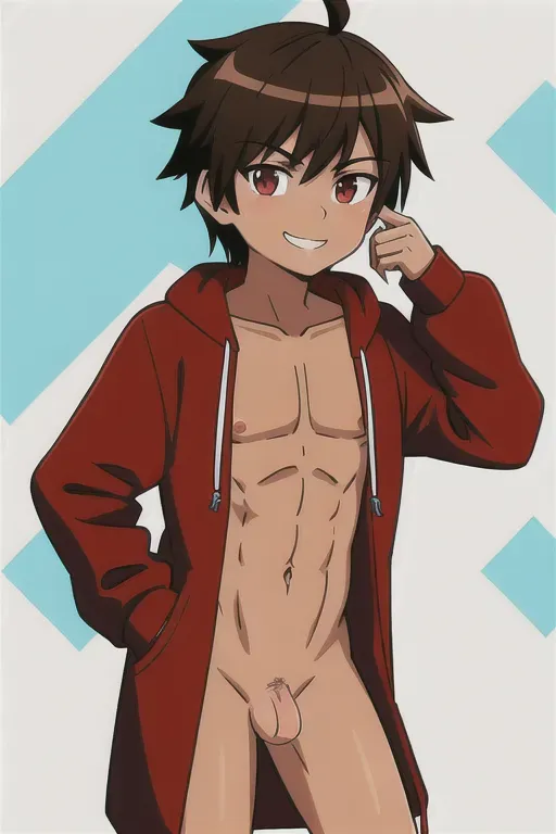 Male, brown hair, red eyes, tan skin, turquoise hoodie, smug, rule 34, dick, partially naked, uncensored