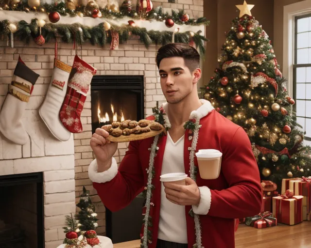 super fit athletic guy with big biceps in a santa outfit, ((punching)) a cookie midair, ((chugging)) a gallon jug of milk, standing in front of a christmas tree and fireplace. a plate of cookies are siting on a coffee table, cookies fragments are going flying as he eats. the christmas tree is covered in ornaments and colored lights. there is a mantle above the fireplace with wreaths, (cookie flying past his face in all directions), real life, photorealistic, photo,
