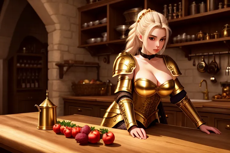 a digital art of,a russian girl,wearing medieval armor,all-fours,in the kitchen,big breasts,five fingers per hand,fishtail hair,charming face,beautiful lips,brown eyes,curved eyebrows,pale skin,romantic,wearing golden ring,highly detailed,ultra realistic,pixiv,professional,smooth