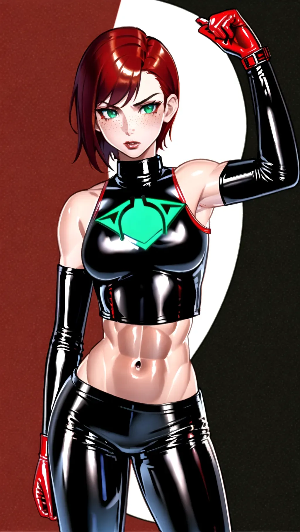 Thin and muscular irish girl with short length red hair and no breasts wearing tight leather pants and a tight leather shirt with green eyes and freckles on her face, (((red latex top))), bare midriff, defined abs, six-pack, (((black latex pants))), black background, superhero, superhero mask, portrait