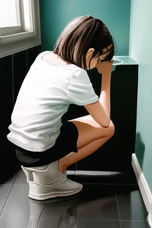 a picture of a girl kneeling in a toilet