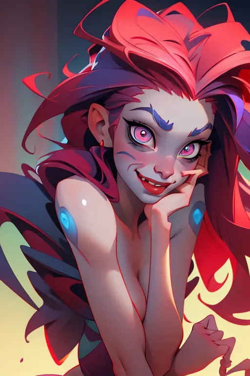 masterpiece, best quality, nsfw, detailed background, uncensored, ultra realistic face, ultra realistic, hair with great details, perfect face, (soft focus), (smooth lines), (((soft lighting)))
a digital full body painting of an impish fiend trickster goddess, dramatic oversized red military jacket, plain white panties, bottom half nude, nsfw, naked, stylish design, portrait of full character, magic effects in background, oversized smile, cartoony facial expression, crazy evil eyes, chimera body parts, blue and red color scheme, cute bratty personality, ballet dancer figure, blueish skin, highly detailed, masterpiece