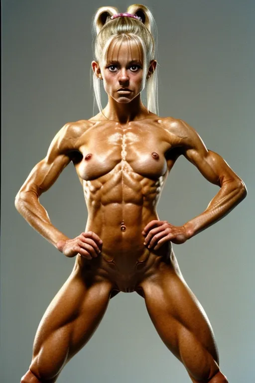 A very fit and skinny 18 year old naked Linnea Quigley, look of pain on her face, pushing her abs out, very low body fat, extremely lean body, perfect body, showing her vagina, standing in a hot fuck palace, fully nude, fully tanned, hair bun, spreading her legs, perfectly shaped breast
