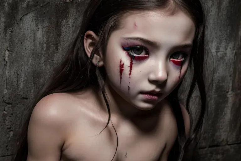 (masterpiece),(best quality),ultra high resolution image,HDR footage,16k resolution young demon-hybrid slaves with a pretty child-like face looks authentic look, pretend murder, fake snuff, pretend to kill, deep simulated brutal violence
