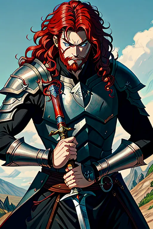 High fantasy, Berserk, a strong, warrior human, Guts, wavy red hair, pale skin, angry eyebrows, handsome blue eyes, small nose, strong cheeks, full beard, strong chin, animal skin coat, black leather armor, huge two-handed greatsword, going into battle, battle field, war in the background, castle and dragon in the far background, high definition, 4k quality, excellent lighting, great shading, pristine detail, very clear picture, accurate at lower promp guidence, ultra realistic, five fingers per hand.