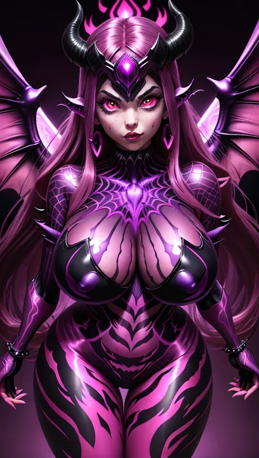 best quality, ultra high res, detailed face and eyes, perfect face, big shining heart choker, earrings, jewelry, very long voluminous hair, (pink glowing hair:1.2), lipstick, purple long sleeves, purple glowing heart, demon mark, straight hair, (huge boobs:1.3), black demon horns, very very long hair, perfect face and eyes, straight hair, sexy succubus girl, pink glowing eyes, (demon wings:1.4), big glowing cameltoe, (purple corrupted symbiote suit:1.5), dark background, (pink glowing demon diadem:1.4), (dark spiked crown:1.2), (thick succubus tail:1.3), demon tail, (pink glowing heart pasties:1.2), standing straight, shiny leather, purple leather skin, purple skin