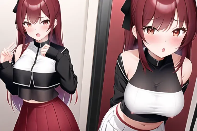 NSFW, 1girl, mirror selfie, skirt, crop top, black clothes, red hair, on her knees, blushing