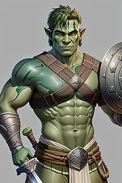 handsome, half orc, gladiator gear,sword,shield. Looks human, green skin Smiling. Green skin, Human, flexing