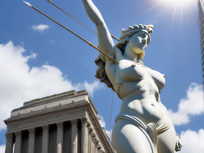 low-angle perspective of a colossal, 1000-meter tall statue of a female Archer with her bow and arrow, majestically dominating a 15 acre island in New York Harbor, mighty ships appear minuscule as they steam by. Crafted from gleaming white marble, accented with intricate bronze details, the statue grandeur is enhanced by the dramatic lens flare emanating from behind her by the late afternoon sun, her buxom physique largely exposed, emphasizing her giant enormous gravity-defying breasts,