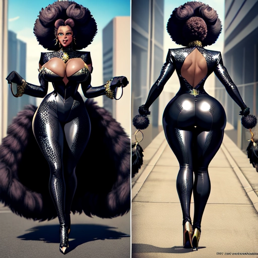 Sexy black villainess with afro and big ass wearing a leapord print catsuit and feather boa walking down parking lot.
front and rear view.