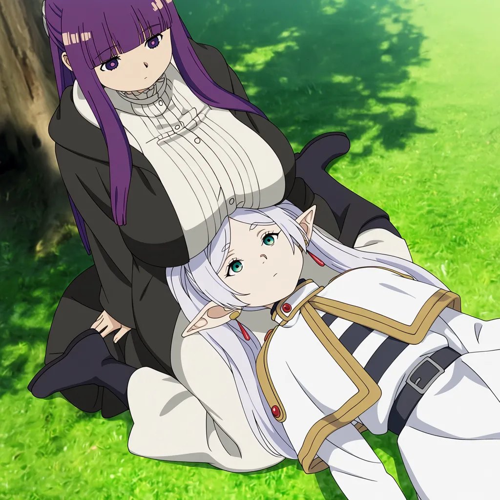 masterpiece, best quality, score_7, safe, (anime coloring, anime screenshot:2),
2girls, frieren, clothed, flat chest, lying, lap pillow,
fern \(sousou no frieren\), sousou no frieren, looking down, huge breasts, breasts apart, sagging breasts, breast rest, breast on face, wariza, grasslands,
The white colored hair girl's face was hidden by the purple colored hair woman's breasts. The purple colored hair woman with eyes confused sits on the tree shade, looks down.
diagonal angle, blurry background, photo background