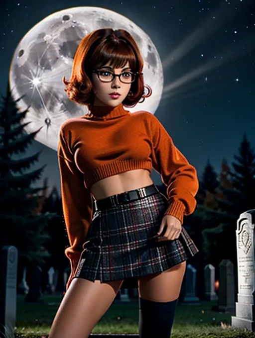 Photo of velma from scooby doo, young woman, wearing an orange sweater, wearing a plaid miniskirt, wearing knee high socks, looking at Camara, beautiful face, beautiful eyes, small pupils, short brown hair, in dark cemetery, at night, full moon, volumetric lighting, focused, crawling on all-fours, upskirt, fingering pussy, erotic