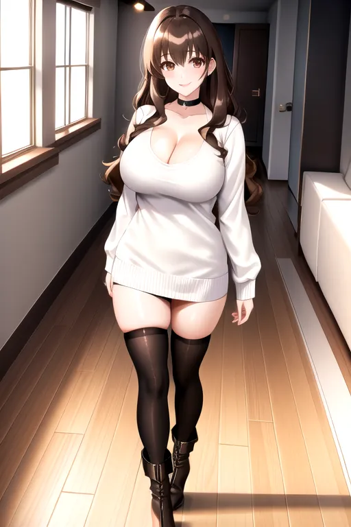 thigh high socks, miniskirt, white sweater top, brown hair, choker, brown eyes, pale skin, giant breasts, boots, cleavage, high heels, looking at viewer, walking across room, living room, 1girl, smiling, wavy hair, 8K, Full body photo