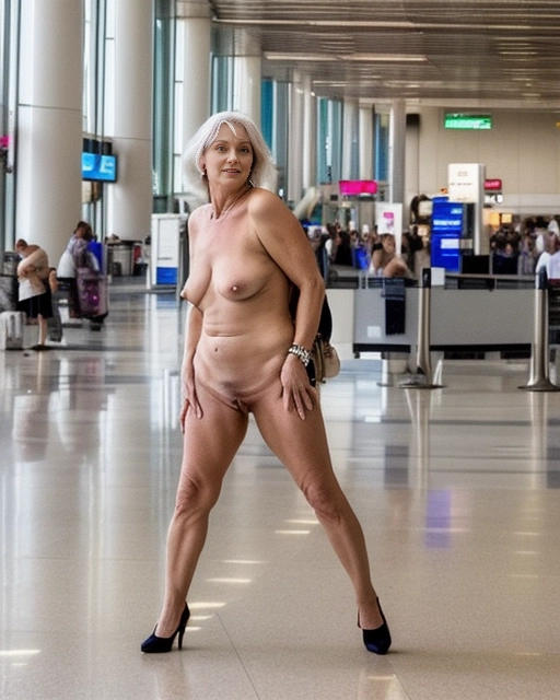 a naked mature woman is naked and feeling sexually aroused in a public airport as she spreads her legs and shows off her wet vagina to her everyone in the crowded airport