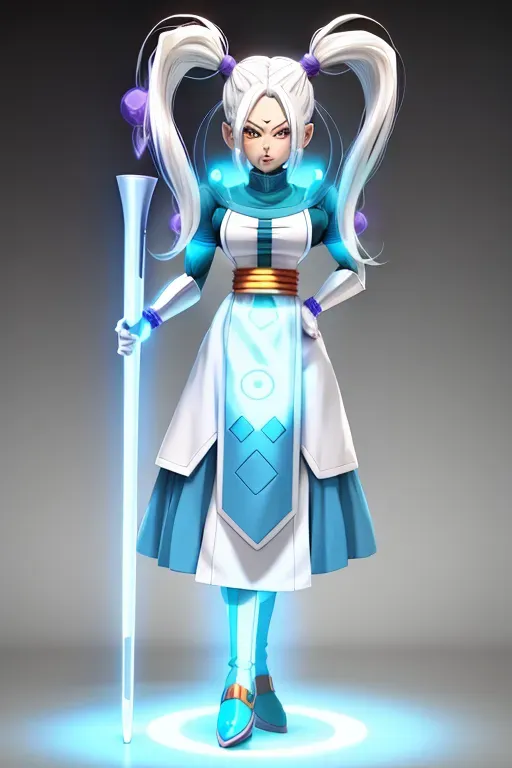 <lora:dpmg_Marcarita universe 11:1>, Dbz, 11th universe, Great powers, Perfect body, white hair, high pigtail hair, Marcarita, full body, High quality, show head and face, match face, light blue skin tone