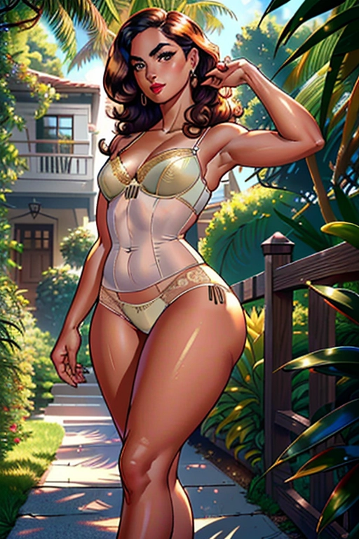 1950s, Alexandria Ocasio-Cortez, house mom, milf, beautiful, medium golden curly hair, soft and curvy build, small perky breasts, thin waist, thicc ass, full thighs, smooth legs, cute feet, wavy see through gown, 50s bra and panties, walking in midst a garden alone, noontime, ((high definition)), ((4k quality)), ((excellent lighting)), ((great shading)), ((pristine detail)), ((really clear picture)), ((beautiful vibrant colors)), ((accurate at lower prompt guidence)), ((ultra realistic)), (((five fingers per hand))), (((two arms per person))), (((two legs per person))), (((two hands per person))), (((two feet per person))), ((((100 percent according to prompt))))