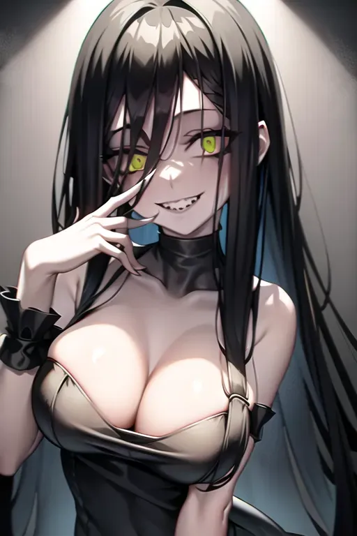 1girl,long black hair, green eyes, goth,gothic black dress, constricted pupils, yandere, light smile, crazy eyes, looking at viewer, indoors, atmospheric lighting, studio, blood on clothes, hair covering left eye, hair covering left side of face, head tilt, torn dress <lora:dpmg_crazy_expression:1>