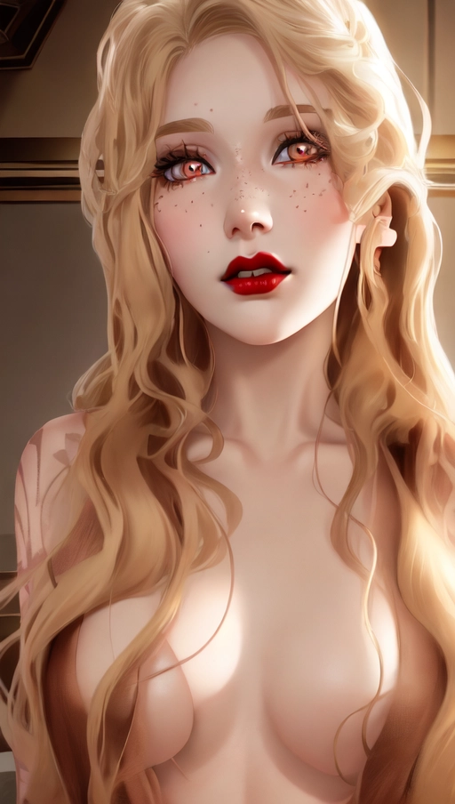 Young heavy metal woman, Caucasian, cute face, Brown eyes, rosy cheeks, pale skin, wavy blonde hair, heavy eyeshadow, tattoos, nude, small breasts, highly detailed skin textures, highly detailed eyes, blank white background, Dark red lips.