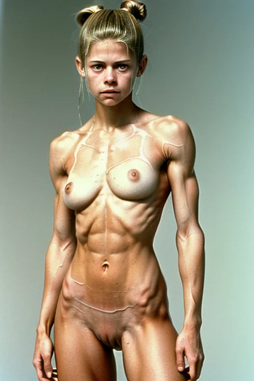 A fit and thin 18 year old fully naked Linda Hamilton, look of pain on her face, pushing her abs out, very low body fat, extremely lean body, perfect body, showing her vagina, standing on the set of a 1990's porn movie, fully nude, spreading her legs, perfect breast, blonde hair, spreading her legs wide open, hair bun