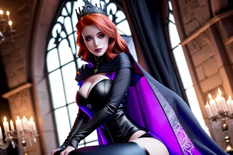 Dom Mistress Anna of Arendelle auburn hair, Hellfire Club, wide eyes,goth,black hooded long cape, black attire,dominating sub Elsa of Arendelle in blue attire blond hair, on her knees held by the chin,European,mature,smaller modest breasts,five fingers per hand,menacing face, beautiful lips,wicked smile,curved eyebrows,ultra realistic,pixiv,unreal engine,bokeh