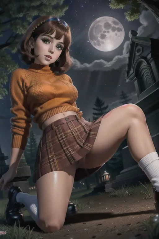 Photo of velma from scooby doo, young woman, wearing an orange sweater, wearing a plaid miniskirt, wearing knee high socks, looking at away from Camara, beautiful face, beautiful eyes, small pupils, short brown hair, big plump breasts, lifting up her shirt to expose breasts, in dark cemetery, at night, full moon, volumetric lighting, focused, crawling on all-fours, upskirt, fingering pussy, erotic