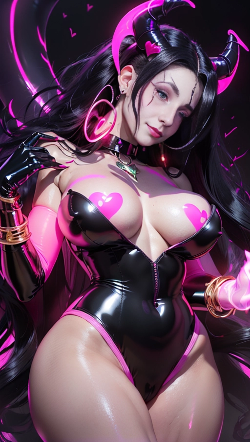 best quality, (((ultra high res))), (((detailed face and eyes))), (perfect face), (big shining heart choker), earrings, jewelry, (((big glowing succubus mark))), ((((big glowing succubus bodymark)))), (((conjuring))), (witch), ((long voluminous hair)), (((black latex gloves))), ((black hair)), (((golden bracelet))), (((huge hair cuff))), (((pink skintight neckholder dress))), (((pink glowing dress))), ((face closeup)), (lipstick), (((neckholder))), ((((demon tail)))), ((black long sleeves)), ((purple glowing heart)), (((big cameltoe))), (((demon mark))), heart on womb, (((((bright pink glowing skin tone))))), (((straight black hair))), ((pink glowing clothes)), ((huge boobs)), ((luminescent)), (((from below)))