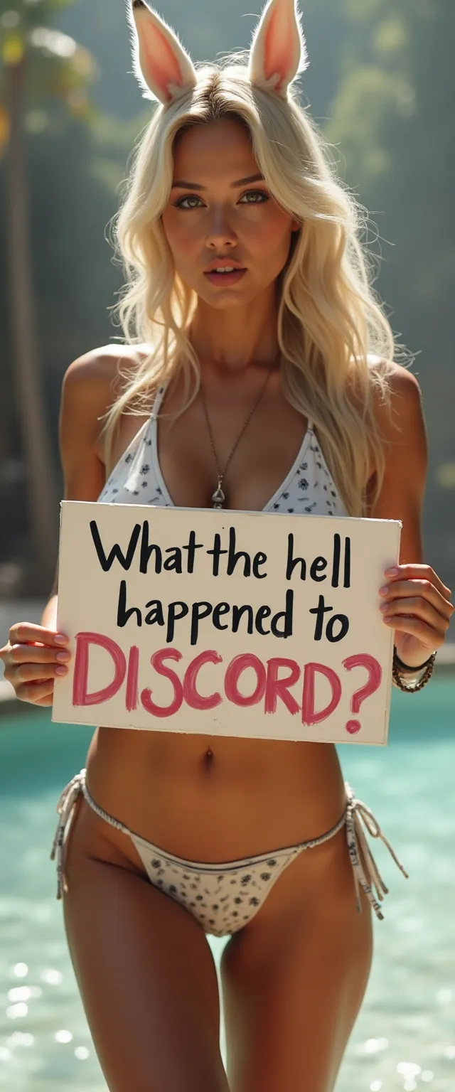 Asian woman in a bikini, blonde, holding a sign which reads, What the hell happened to Discord?