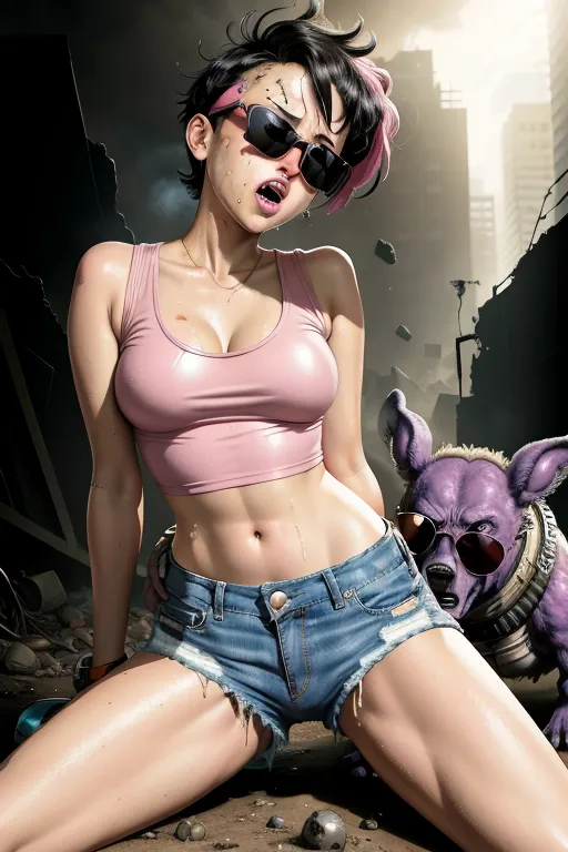 comic book style, Jubilee having sex with an alien beast, post apocalyptic wasteland, torn clothes, jean shorts, pink tank top, short black hair, sunglasses, slender body, small round breasts, furrowed brow, squirting cum, vaginal sex, rough sex,
