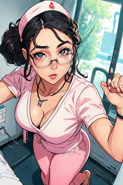A thicc nurse, short brunette braided hair, Alexandria Ocasio-Cortez face, thick glasses, necklace, small breasts, thicc build, hourglass figure, thicc ass, full thighs, pink scrub top, bottomless, scrub pants pulled down, aroused clit, aroused pussy, throbbing anus, ready for me to fuck her, in my hospital room, by my bedside, medicating me, comforting me, giving me a hand job, high definition, 4k quality, excellent lighting, great shading, pristine detail, very clear picture, accurate at lower promp guidence, five fingers per hand, ultra realism, POV. you are looking at her from your hospital bed.