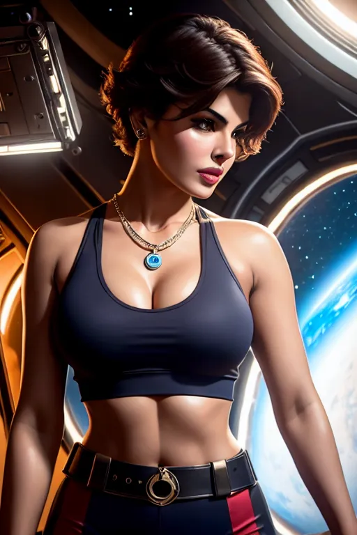 a oil painting of,jacqueline fernandez,wearing tank top,standing,in the space station,big breasts,five slender fingers,short hair,gorgeous face,beautiful lips,curved eyebrows,curved eyelid,pale skin,peaceful,wearing necklace,highly detailed,ultra realistic,bokeh,cinematic lighting,studio lighting