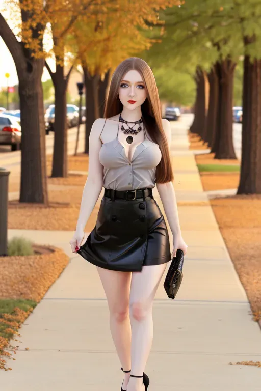full body, chestnut hair, green eyes, short girl, gray miniskirt, black high heels, looking at viewer, long hair, pale skin, black necklace, black shirt, 24 years old, big breasts, cute face, pov, wavy hair, city environment, Oklahoma City, wide eyes, erotic