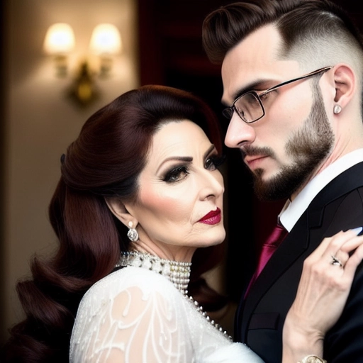 handsome 25 year old man admired by 50 year old elegant woman, cheating, desire