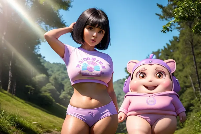 ((Dora the Explorer)), pretty face, open nipples, cum on boobs, more thick cum, beautiful female body, smooth lines, blush, photo sexy pose, beauty hairs, sexy sweatshirts, blush on cheeks, pretty patterns huge halo over head, many accessories, body wet, center forest, sunrises, (photography, photorealistic, rtx, hbao, details, artstation), Dora the Explorer watermark