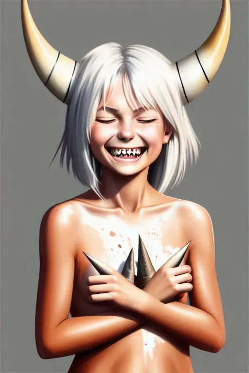 a digital painting of a young girl, flat chest, large claws, one horn, sharp teeth, tan skin, messy hair, white hair, full body view, smile, eyes closed