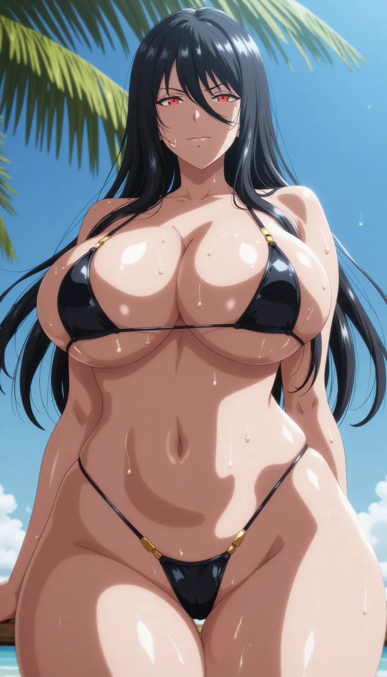 hentai_studio_quality, shiny skin, A seductive, tall woman with long flowing black hair and sharp crimson eyes stands on a sun-drenched tropical beach, glistening with oil and seawater under a bright blue sky with palm leaves overhead. She wears an extremely revealing black sling bikini with gold accents: thin straps and metallic clasps barely contain her massive, shiny breasts, while the tiny black thong with golden ties disappears between her thick thighs, a hint of trimmed pubic hair visible. Her skin is perfectly tanned and dripping with water droplets, emphasizing her toned abs and exaggerated hourglass figure. Close-up low-angle shot, vibrant sunlight, highly detailed anime style, glossy wet highlights, intensely erotic and confident atmosphere.