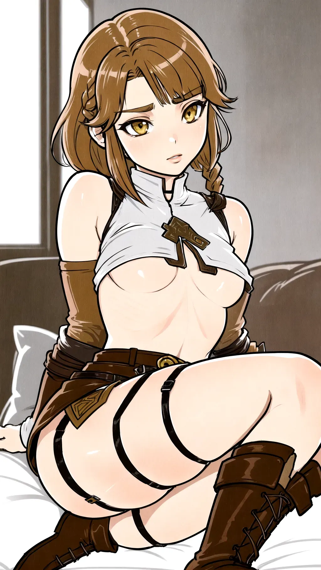 ((3D render style:1)),
(((Breath of the wild celshading effect:1))),
((Anime style:1)),
(Celshading:1),
((Flat Shadows:1)),
((Flat lighting:1)),
(Small size breasts:1), (tits floating:1), ((very pointed boobs)), (leading tits), (modest breasts:1), (heavy sagging boobs:1), (((flat tits:1))), (boobs are hanging:1), (bust pointing down), (very stretched breasts that hang:1), (underboob)
Light brown short asymetric hair with sidecut, (sidecut:1), (braids on side), (light brown hair), (asymetric hair), yellow eyes, red lipstick, makeup,
Inside a cavern,
((high waisted brown leather miniskirt)), (white leather thight top), (sleeveless white fit top), (high boots), (garter belt), (garter straps),
8k quality, uncensored, bokeh, ultra definition, nikon, 50mm, crystal clear,
<lora:better_cooks:0.1>,
<lora:manga_lineart:1>,
<lora:dpmg_better_bodies:0.2>,
<lora:russian_beauty:0.2>,
<lora:orgasming_face:0.5>,
<lora:dpmg_3d_rendering:0>,