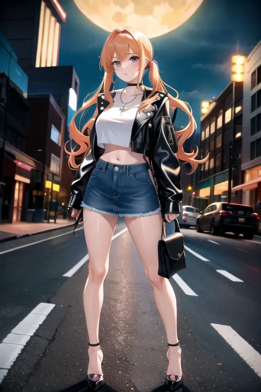 full body, strawberry blonde hair, hazel eyes, short girl, denim miniskirt, black high heels, looking at viewer, long hair, pale skin, silver necklace, black crop top, 24 years old, giant breasts, cute face, pov, wavy hair, city environment, Oklahoma City, wide eyes, erotic, skirt tug, leather jacket, nighttime, black backpack, slim body, low pigtails
