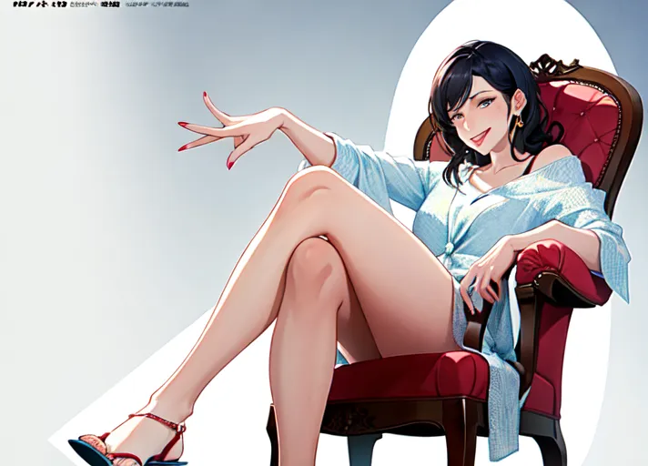 a woman licking the finger tip of her index finger just before turning the page of a magazine, sitting with her legs crossed and dangling a wedge off her toe, the arch of her foot is accentuated by the manner in which her legs are crossed