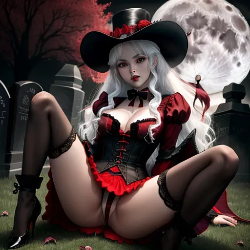 Linda, sexy vampire girl, 22 years old, full moon, graveyard, Victorian era, scary, gore, blood running down on breasts, small breasts, showing two large k9 fangs, red dress, red hat, white hair, white iris, bloody, full lips, moaning, laying on back, legs spread, on a grave, skull head between legs, upskirt,